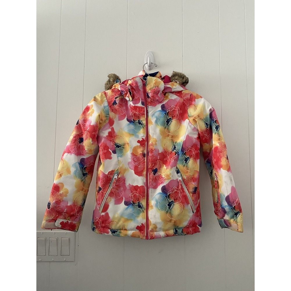 ROXY DryFlight 10K Girls Floral Snowboard Ski Jacket Faux Fur Hood Size 8 Small